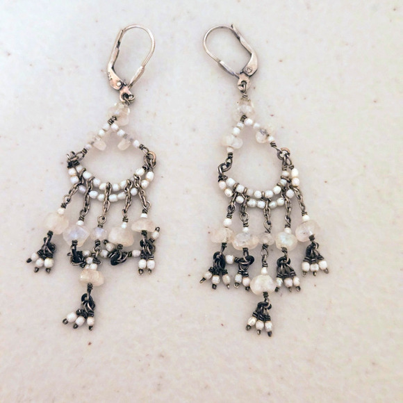 Handmade Long Dangle Chandelier Earrings Moonstone with sterling silver earwires - Picture 2 of 7